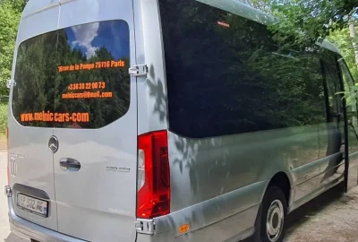 Rear view of a Mercedes Sprinter bus, ideal for group transportation.