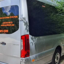 Rear view of a Mercedes Sprinter bus, ideal for group transportation.